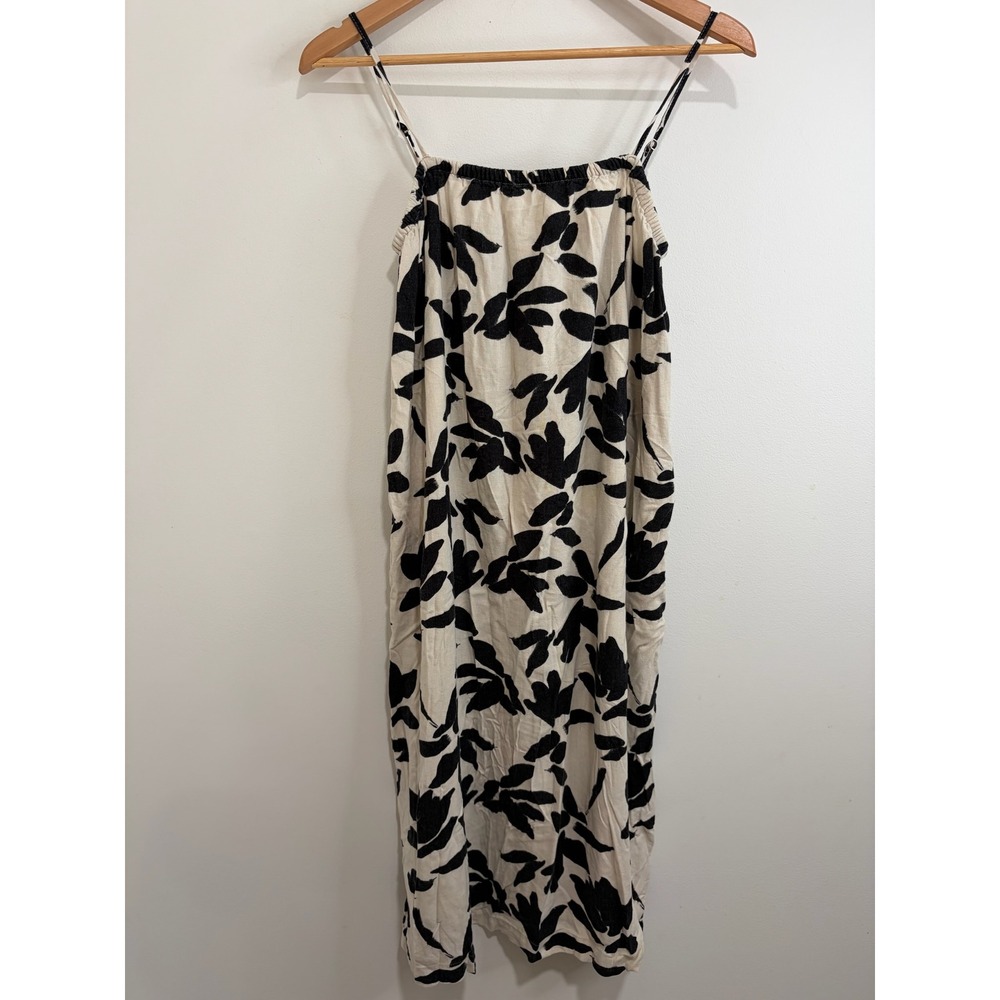 Linen‎ Blend Botanical Leaf Floral Midi Dress Sz XS Pockets Boho Coastal Summer